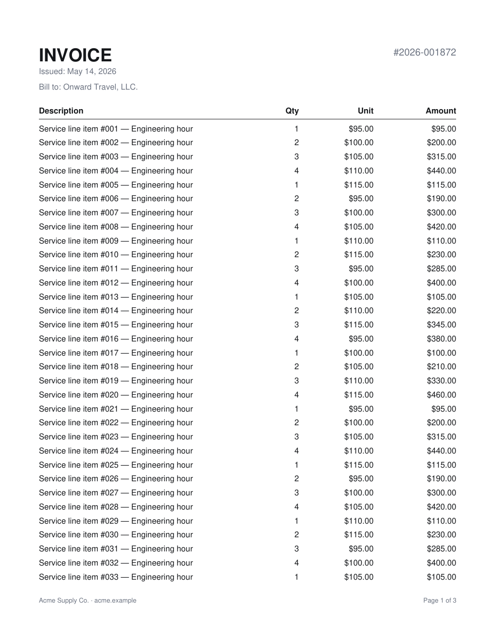 Multi-page invoice with page headers and footers